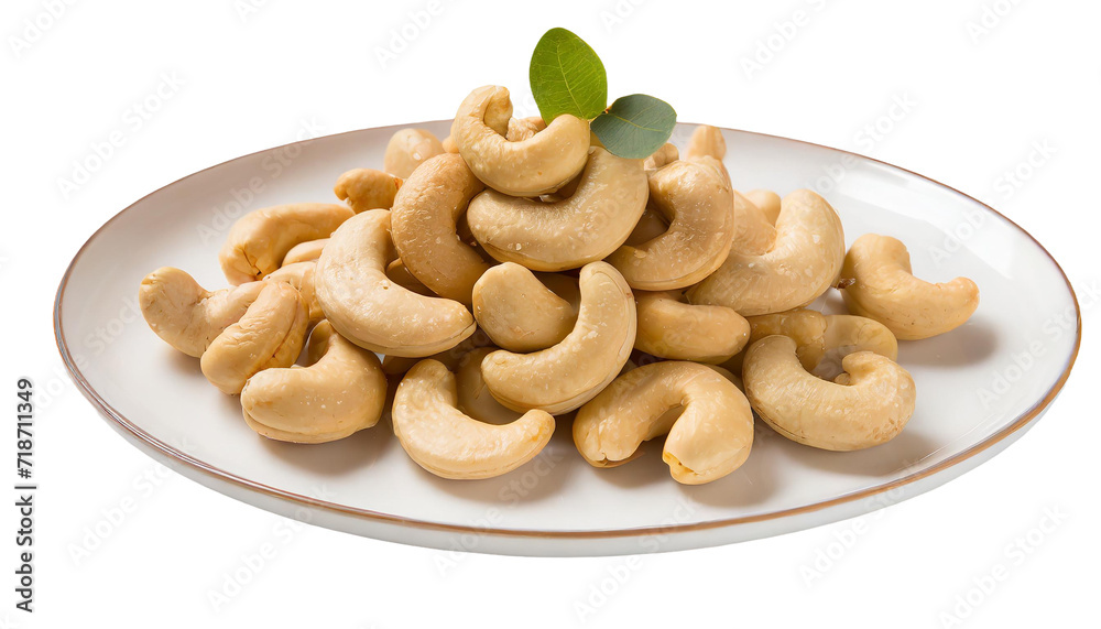 Roasted cashew nuts on white plate, isolated on transparent background Roasted cashew nuts on white plate, isolated on transparent background