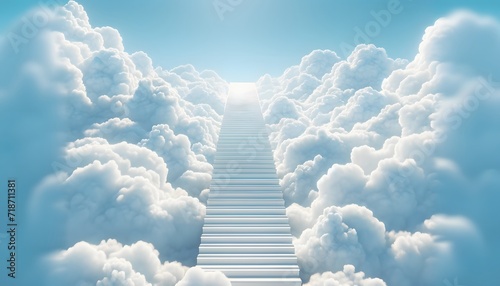 Stairs to the heavens surrounded by cumulus clouds. Generative AI.