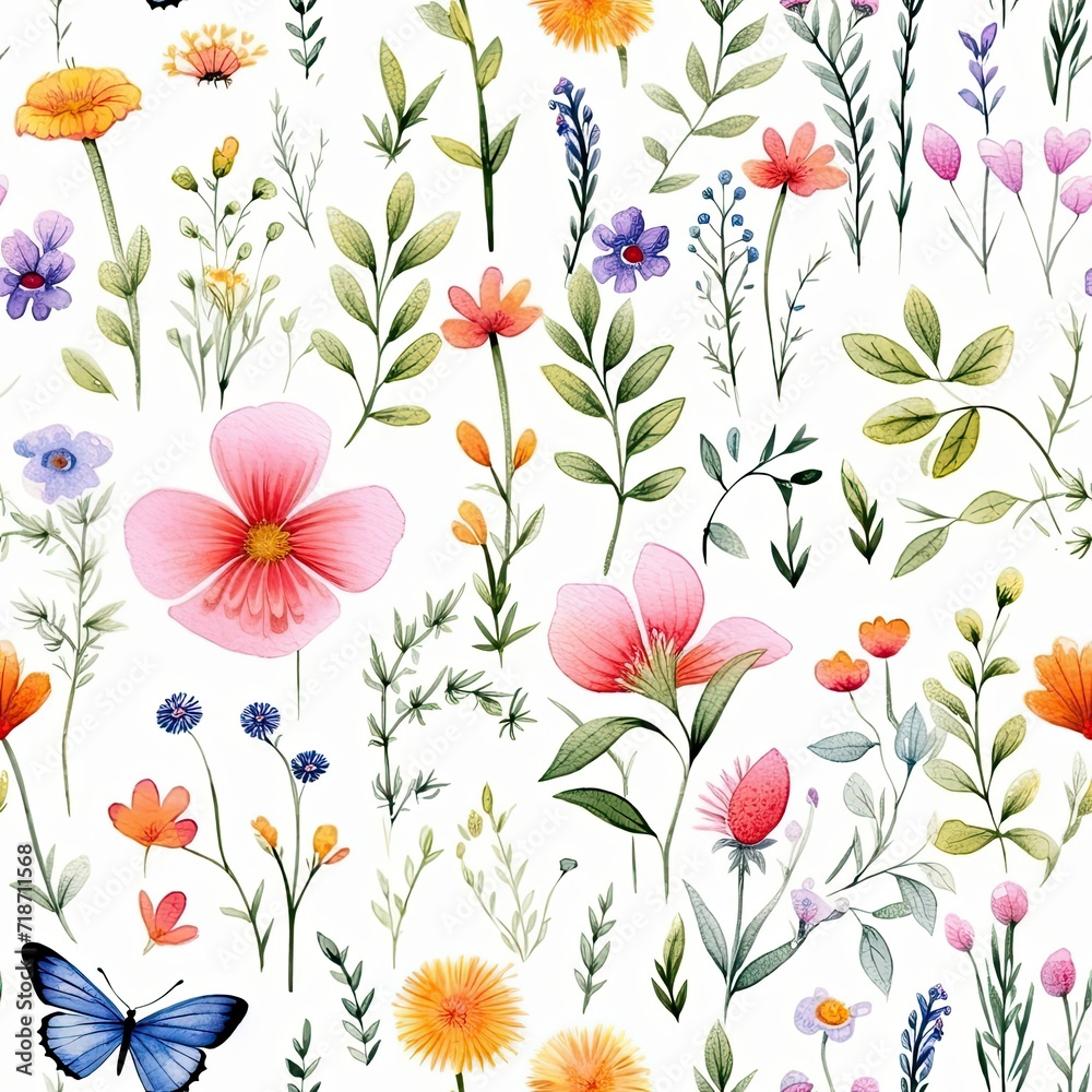 Seamless Pattern of Flowers and Butterflies on White Background Seamless Pattern of Flowers and Butterflies on White Background