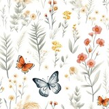 White Background With Flowers and Butterflies Seamless Pattern