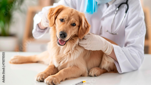 A veterinarian is treating a dog. Selective focus. photo