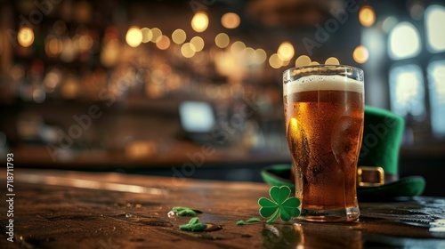 St. Patrick's Day Celebration: Leprechaun Hat and Traditional Beer on Festive Table