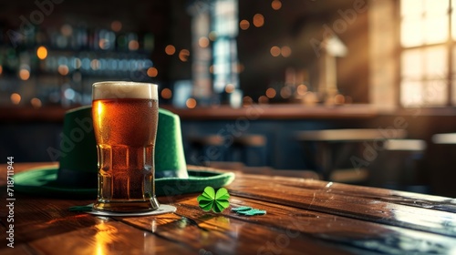 St. Patrick's Day Beer and Green Hat on Bar