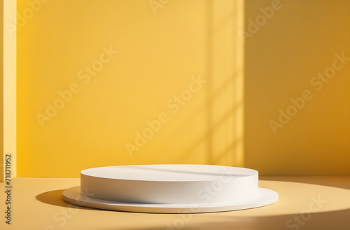 A round white podium on an abstract pastel yellow background. Geometric empty scene for the product presentation. Shadows on the wall. Showcase  display case.