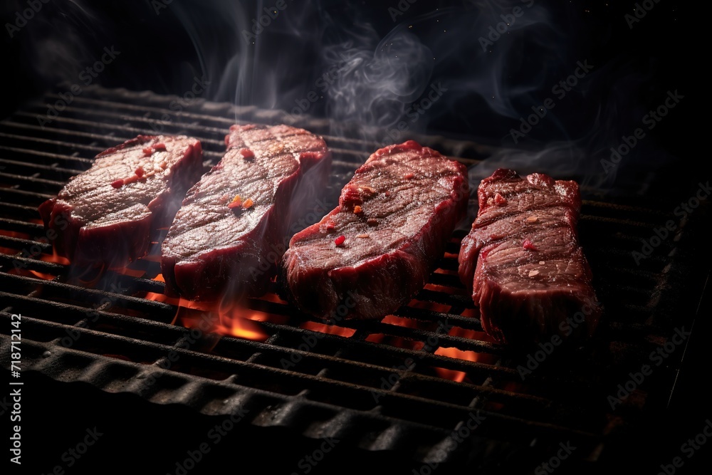 grilled meat over a burning fire with a smoke effect on top. generative AI grilled meat over a burning fire with a smoke effect on top. generative AI