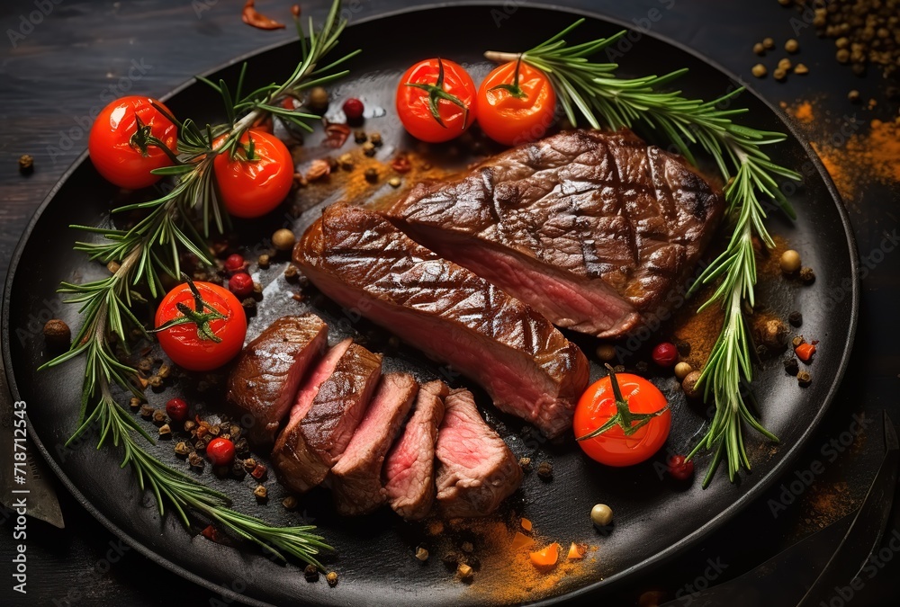 Grilled meat on a plate garnished with rosemary leaves and tomatoes. generative AI