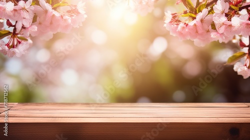 Spring background with empty wooden table. Empty wooden table in spring blooming cherry orchard during sunny day. Natural template for product display with cherry blossoms bokeh. Generative Ai