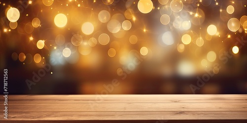 Blurry golden bokeh on a wooden table in a cafe or restaurant, suitable for displaying products or designing visuals.