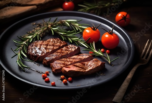 Grilled meat on a plate garnished with rosemary leaves and tomatoes. generative AI