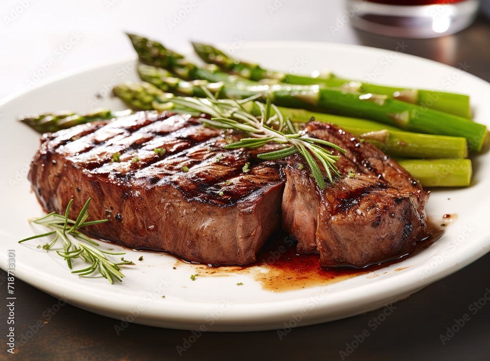 Roast beef on the plate combined with asparagus and rosemary leaves on the side. generative AI Roast beef on the plate combined with asparagus and rosemary leaves on the side. generative AI