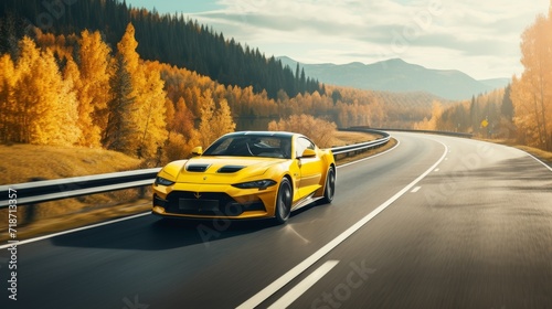 Foto Yellow sports car rides an empty highway