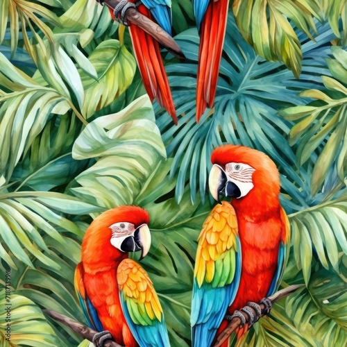 Painting of Two Parrots Perched on a Tree Branch © Piotr