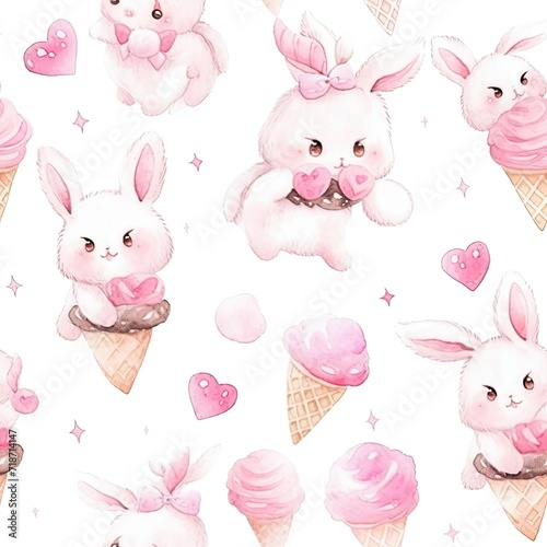 Watercolor Painting of Bunnies Enjoying Ice Cream Together