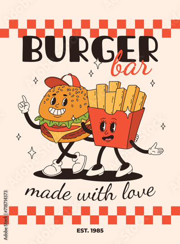 Cartoon fast food poster. Retro groovy cards with mascot food characters. Brochure design with quote text for cafe. Banner with funky groovy burger, french fries, soda, ice cream. Fast food delivery