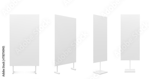 Advertising white empty information booth stand board. Realistic vector illustration set of blank portable vertical roll up info promo banner mockup for ad and product presentation on exhibition.