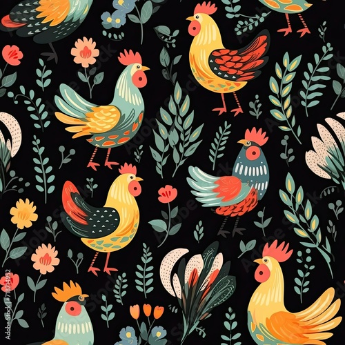 Colorful Roosters and Flowers on Black Background Seamless Pattern
