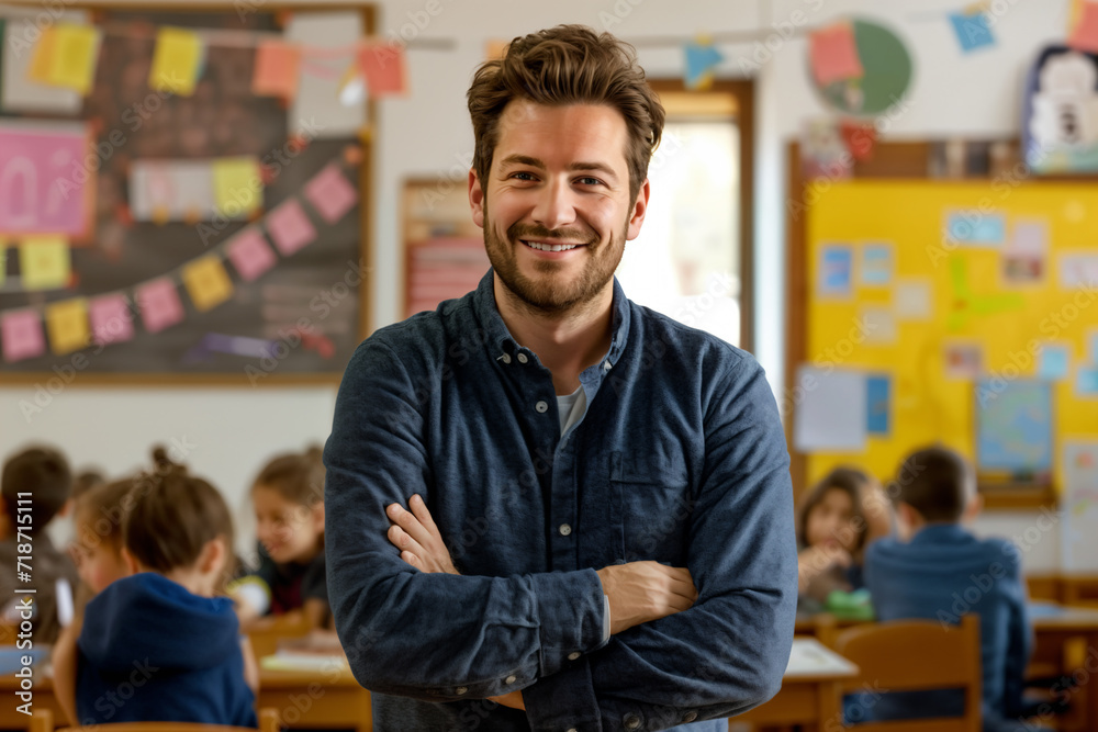 Smiling male teacher in class looking at camera, students studying, Teachers' Day, Children's Day, primary school students, middle school students,rural teacher Smiling male teacher in class looking at camera, students studying, Teachers' Day, Children's Day, primary school students, middle school students,rural teacher