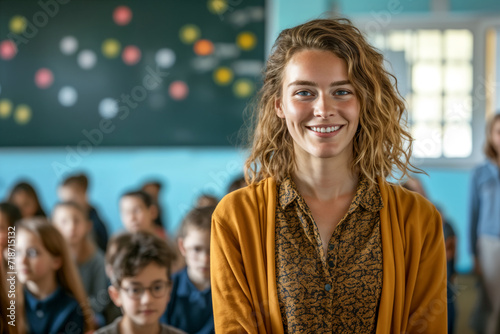 Smiling female teacher looking at camera in class, students studying, Teachers' Day, Children's Day, primary school students, middle school students,rural teacher