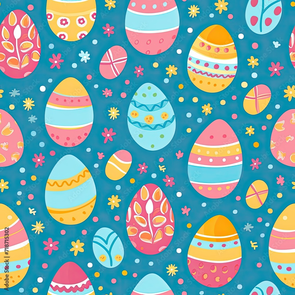 Colorful Eggs on Blue Background Patterns - Vibrant Easter Themed Seamless Image Collection Colorful Eggs on Blue Background Patterns - Vibrant Easter Themed Seamless Image Collection