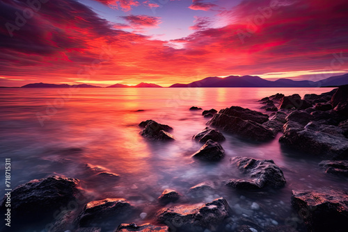 Beautiful sunset over the rocky coast of the sea