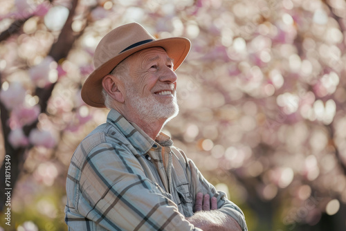 Smiling senior man enjoying warm spring day on background of blooming cherry trees