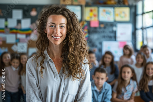 Smiling female teacher looking at camera in class, students studying, Teachers' Day, Children's Day, primary school students, middle school students,rural teacher