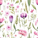 Seamless Pattern of Pink and Purple Flowers on a White Background
