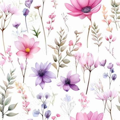 Arrangement of Flowers on a White Surface - Seamless Pattern