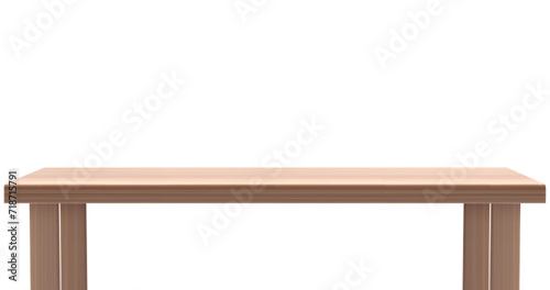 Light brown wooden 3d table countertop isolated on white background. Foreground view on desk with wood texture surface. Realistic furniture element for presentation stand or podium, kitchen tabletop.