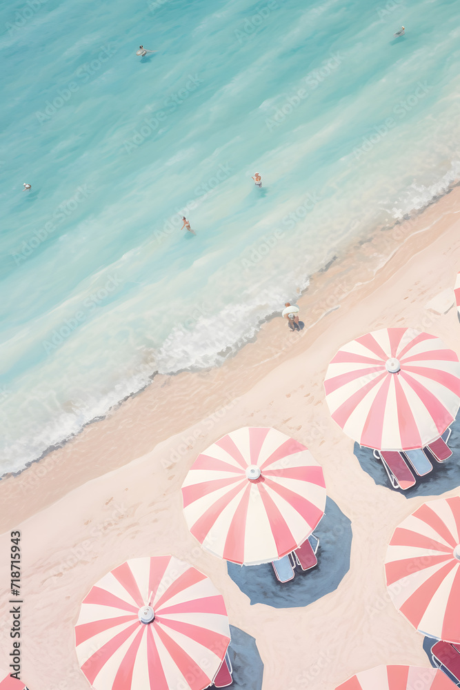 Naklejka premium postcard, watercolor, white and pink striped beach umbrellas on the shore against the background of the sea
