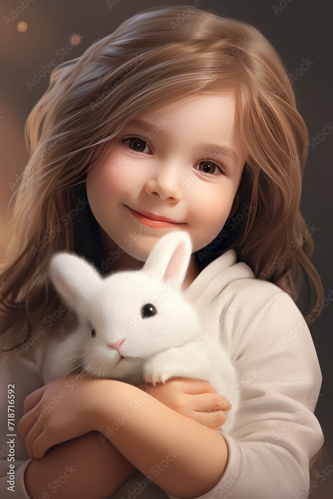 girl holding white rabbit in her hands. Spring, Easter, birth card, print, background girl holding white rabbit in her hands. Spring, Easter, birth card, print, background