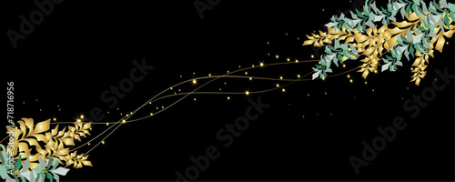 Vector art deco luxury flower, leaves, gold shine line art background. Golden botany banner. Japanese style Hand drawn vector. Line art style design. Hand drawn florals for packaging,coveand wall arts