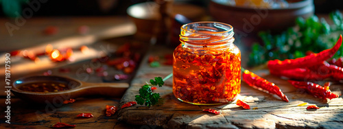 Chili oil in a jar. Selective focus.