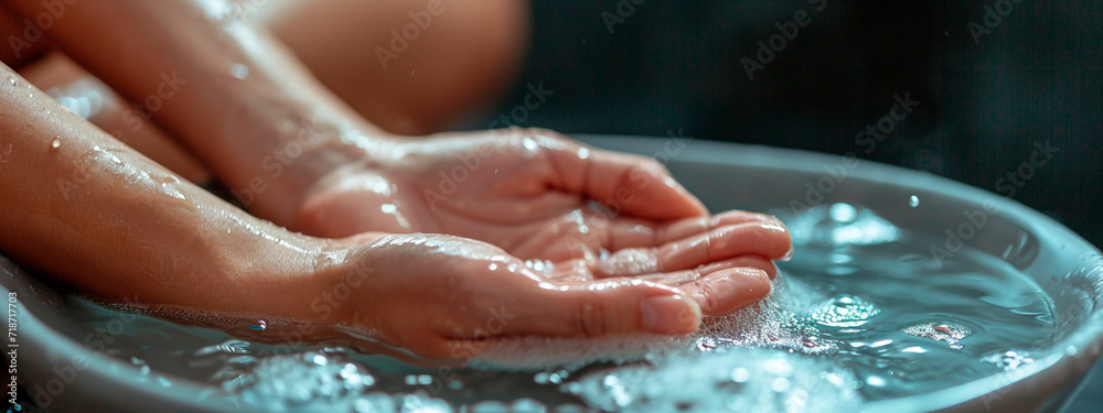 Fototapeta premium Woman's hands taking hand bath in spa salon. Selective focus.