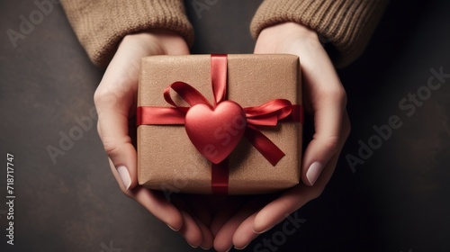 Female hands holding a gift box on a dark background, top view