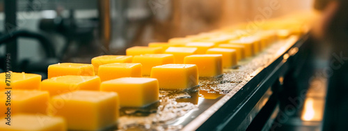 Heads of cheese on a production tape. Selective focus. photo