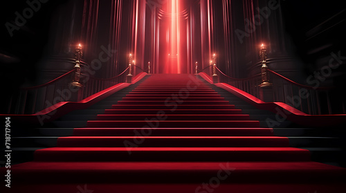 Red carpet staircase with smoke and spotlights, holiday awards ceremony event © Derby