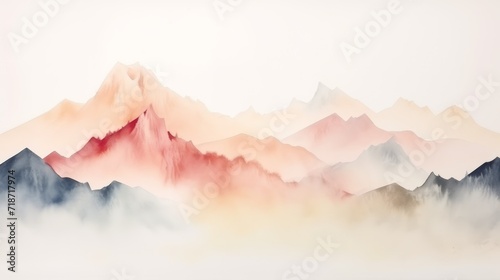 Watercolor landscape featuring a mountain view  Misty mountains watercolor background. Beautiful simple painting of mountains.
