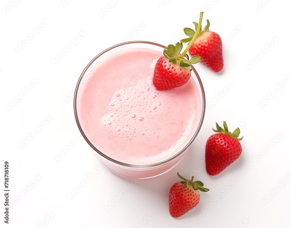 Strawberry juice with fresh strawberry topping on top. In the photo on a white table. generative AI Strawberry juice with fresh strawberry topping on top. In the photo on a white table. generative AI