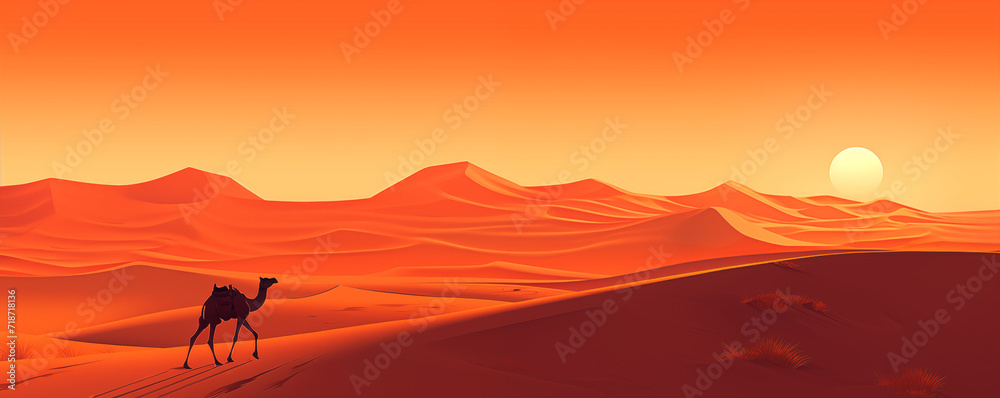 Camel in the desert at sunset, panoramic view, minimalist, illustration generated by AI Camel in the desert at sunset, panoramic view, minimalist, illustration generated by AI