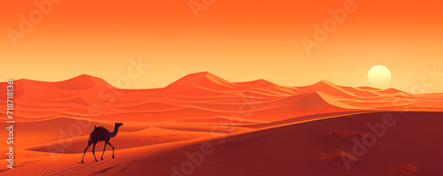 Camel in the desert at sunset, panoramic view, minimalist, illustration generated by AI