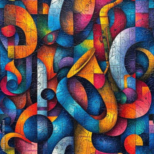 Colorful Cubist Puzzle of Seamless Musical Instruments Background. photo