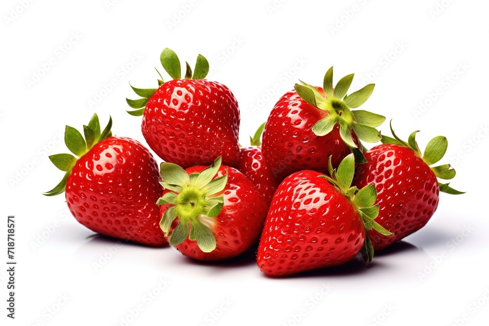 Pile of fresh red strawberries in photo on white background. generative AI