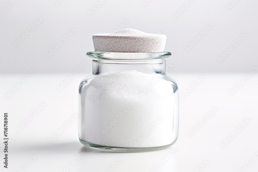 white salt in a clear bottle in the photo on a white background. generative AI white salt in a clear bottle in the photo on a white background. generative AI