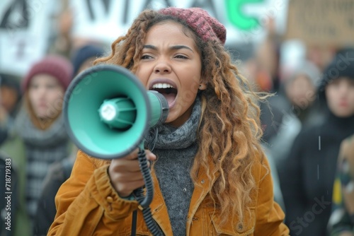 An African-American girl on a city street shouts into a megaphone at a rally © Александр Лобач