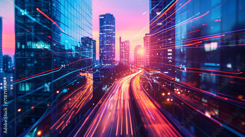 Energetic city Vibe of Modern Urban Life. Double Exposure of City Night. Blending Speed Lighting and Modern Architecture in a Dynamic Business and Technology Concept. Energetic city Vibe of Modern Urban Life. Double Exposure of City Night. Blending Speed Lighting and Modern Architecture in a Dynamic Business and Technology Concept.