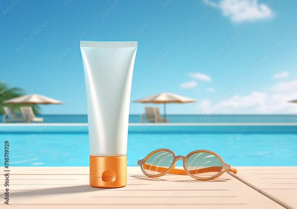 Sunscreen cream packaging with a beautiful blue beach background. generative AI