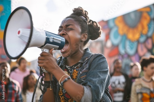 An African-American girl on a city street shouts into a megaphone at a rally