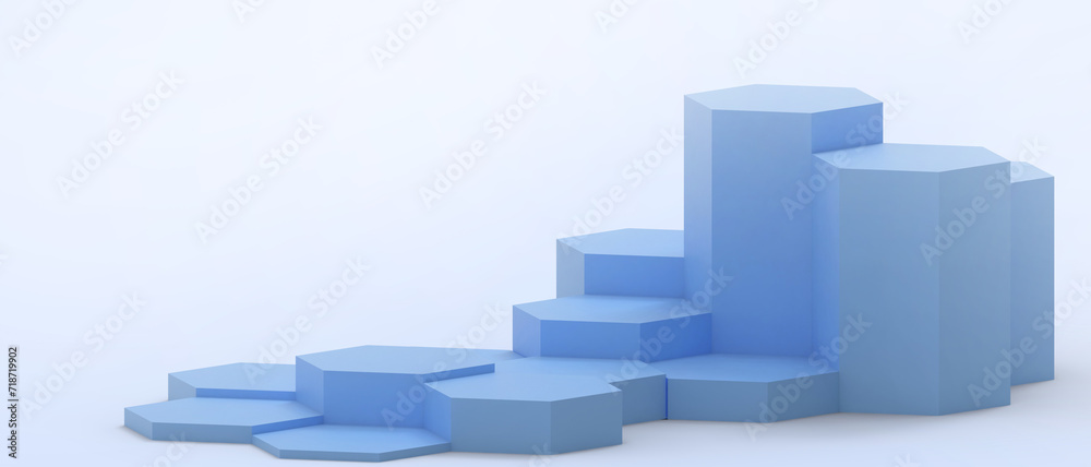 3D Abstract podium showcases blue hexagonal geometric shapes in a blue background in a Promotional ideas for online goods and beauty products businesses. stage, mock up, copy space, 3d Rendering 3D Abstract podium showcases blue hexagonal geometric shapes in a blue background in a Promotional ideas for online goods and beauty products businesses. stage, mock up, copy space, 3d Rendering