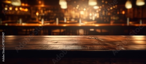 A wooden table with a glitter light background behind it with a bokeh effect. generative AI